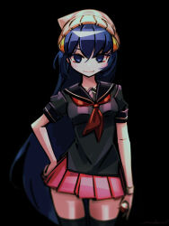 Rule 34 | 1girl, alternate costume, arm at side, beanie, black background, black sailor collar, black shirt, black thighhighs, blue eyes, blue hair, blurry, blush, breasts, closed mouth, commentary, contrapposto, cowboy shot, creatures (company), dawn (pokemon), game freak, hair between eyes, hair ornament, hairclip, hand on own hip, hat, holding, holding poke ball, long hair, looking at viewer, makaroll, medium breasts, miniskirt, neckerchief, nintendo, pink skirt, pleated skirt, poke ball, pokemon, pokemon dppt, red neckerchief, sailor collar, school uniform, serafuku, shirt, short sleeves, simple background, skirt, smile, solo, split mouth, standing, thighhighs, untucked shirt, very long hair, yellow hat