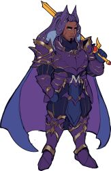 Rule 34 | 1boy, armor, blue cape, cape, commentary, dark-skinned male, dark skin, dreadlocks, english commentary, facial hair, highres, holding, holding sword, holding weapon, kirby (series), male focus, meta knight, nintendo, personification, pointy ears, purple armor, purple hair, saturn/eden (saturnsorblt), solo, stubble, sword, weapon, yellow eyes