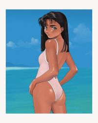 Rule 34 | 1990s (style), 1girl, ass, backless swimsuit, black hair, border, brown eyes, commentary, dark-skinned female, dark skin, english commentary, from behind, grey border, hair behind ear, hands on own hips, looking at viewer, looking back, one-piece swimsuit, original, pink one-piece swimsuit, retro artstyle, sky, smile, solo, swimsuit, yue (yung n dum )