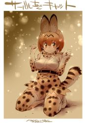 Rule 34 | 1girl, animal ears, artist name, blouse, bow, bowtie, closed mouth, commentary, dated, elbow gloves, extra ears, full body, gloves, high-waist skirt, kemono friends, kneeling, looking at viewer, nyororiso (muyaa), orange eyes, orange gloves, orange hair, orange skirt, orange thighhighs, print bow, print gloves, print neckwear, print skirt, print thighhighs, serval, serval (kemono friends), serval print, serval tail, shirt, short hair, signature, skirt, sleeveless, sleeveless shirt, smile, solo, tail, thighhighs, traditional bowtie, translated, w arms, white shirt