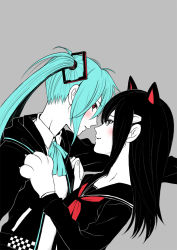 Rule 34 | 2girls, animal ears, animal hands, aqua hair, ayahashi (yaimu333), black eyes, black hair, bow, cat ears, cat girl, cat paw, character request, chat noir (module), envy cat walk (vocaloid), face-to-face, female focus, flat color, grey background, hair ornament, hatsune miku, long hair, looking at another, looking at viewer, multiple girls, project diva (series), project diva x, red eyes, school uniform, simple background, smile, twintails, vocaloid, yuri