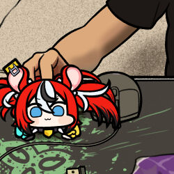 Rule 34 | 1girl, :3, animal ears, black collar, black hair, blue eyes, blush, collar, hakos baelz, hololive, hololive english, jazz jack, long hair, looking at viewer, lowres, mouse (computer), mouse ears, mouse girl, multicolored hair, photo-referenced, red hair, spiked collar, spikes, streaked hair, twintails, virtual youtuber, white hair