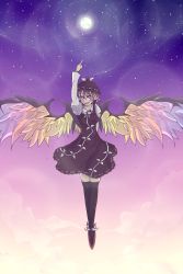 Rule 34 | 1girl, animal ears, arm up, bad id, bad pixiv id, black thighhighs, cloud, dress, female focus, flying, full body, full moon, gradient background, hat, highres, long sleeves, moon, mystia lorelei, open mouth, outdoors, purple theme, red eyes, red hair, shoes, short hair, sky, smile, solo, thighhighs, touhou, twilight, whyno, wings, zettai ryouiki