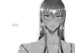 Rule 34 | 1girl, blue eyes, blush, busujima saeko, english text, eyelashes, fei (maidoll), greyscale, highschool of the dead, long hair, monochrome, parted lips, portrait, simple background, solo, spot color, sweat, white background