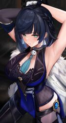 Rule 34 | 1girl, absurdres, armpits, arms behind head, arms up, asymmetrical gloves, bare shoulders, black hair, black pants, blue dress, blue hair, blush, bob cut, breasts, chain, cleavage, cleavage cutout, clothing cutout, diagonal bangs, dice, dress, earrings, efuri (riarea00), fur-trimmed jacket, fur trim, genshin impact, gloves, green eyes, highres, jacket, jacket on shoulders, jewelry, large breasts, looking at viewer, mismatched gloves, mole, mole on breast, multicolored hair, neck ring, pants, pelvic curtain, short hair, solo, tassel, thighs, tight clothes, tight pants, two-tone hair, vision (genshin impact), white jacket, yelan (genshin impact)
