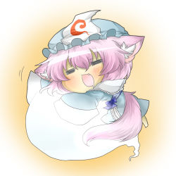 Rule 34 | 1girl, :3, = =, animal ears, bad id, bad pixiv id, blue dress, blush, chibi, closed eyes, dog ears, dog tail, dress, drooling, fang, female focus, ghost, gradient background, hat, open mouth, pink hair, rebecca (keinelove), saigyouji yuyuko, short hair, solo, tail, touhou