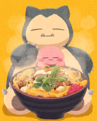 Rule 34 | bowl, cheese, closed eyes, closed mouth, creatures (company), fangs, food, food focus, game freak, gen 1 pokemon, hand up, highres, katsu (food), katsudon (food), kirby, kirby (series), miclot, nintendo, no humans, onion, pokemon, relaxing, rice, simple background, smile, snorlax, steam, yellow background
