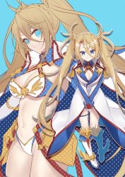 Rule 34 | 1girl, aqua background, armor, bikini, blonde hair, blue eyes, boots, bradamante (fate), bradamante (second ascension) (fate), bradamante (third ascension) (fate), braid, breasts, cleavage, crown braid, elbow gloves, fate/grand order, fate (series), faulds, french braid, gloves, hair between eyes, highleg, highleg leotard, highres, kan&#039;yu (citron 82), knee boots, leotard, long hair, looking at viewer, smile, swimsuit, thigh strap, thighs, twintails, two-tone bikini, very long hair