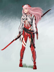 Rule 34 | 1girl, absurdres, adapted costume, alternate universe, apex legends, belt, black belt, blackrosez, bodysuit, boots, cable, commentary, cropped jacket, darling in the franxx, english commentary, eyeshadow, full body, highres, hip vent, holding, holding polearm, holding weapon, horns, jacket, long hair, looking at viewer, makeup, pink hair, polearm, red bodysuit, red eyeshadow, red footwear, shadow, single thigh boot, smile, solo, thigh boots, weapon, white jacket, zero two (darling in the franxx)
