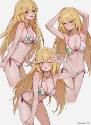 1girl :d ;o absurdres arm_up arms_up artist_name bare_arms bikini blonde_hair blush breasts cleavage closed_mouth commentary hair_between_eyes hand_on_own_knee hands_on_own_head highres large_breasts long_hair looking_at_viewer multiple_views navel official_alternate_costume one_eye_closed open_mouth print_bikini shokuhou_misaki shokuhou_misaki_(desired_swimsuit) side-tie_bikini_bottom simple_background smile sooon sparkling_eyes star_(symbol) star_print stomach swimsuit teeth thighs toaru_kagaku_no_railgun toaru_majutsu_no_index toaru_majutsu_no_index:_imaginary_fest upper_teeth_only w white_background white_bikini yellow_eyes