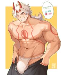 Rule 34 | 1boy, abs, alternate muscle size, arataki itto, bara, body markings, bodypaint, bulge, bulge lift, covered penis, dressing, facepaint, feet out of frame, genshin impact, heithanoll, highres, horns, i&#039;ve never seen a guy recreate this successfully tbh (meme), large bulge, large pectorals, long hair, looking at viewer, male focus, male underwear, meme, muscular, muscular male, navel, nipples, one eye closed, oni, oni horns, pants lift, pectorals, red eyes, red horns, solo, topless male, twitter strip game (meme), undersized clothes, underwear, wet, wet clothes, wet male underwear, white hair, white male underwear
