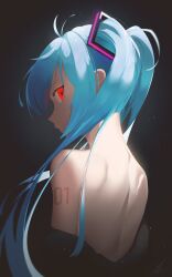 Rule 34 | 1girl, absurdres, arm tattoo, back, back focus, blue hair, closed mouth, cropped torso, from behind, hatsune miku, highres, kikiis art, long hair, miku day, mole, mole under eye, number tattoo, profile, red eyes, shoulder blades, signature, solo, tattoo, twintails, upper body, vocaloid