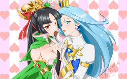Rule 34 | 2girls, aqua eyes, aqua hair, armlet, artist request, black hair, blue hair, blush, bracelet, breasts, bridal gauntlets, cape, chocolate, cleavage, copyright request, crown, detached sleeves, dress, earrings, female focus, food, gem, green dress, hair ornament, hand on another&#039;s shoulder, heart, heart background, hime cut, holding hands, hug, imminent kiss, interlocked fingers, jewelry, large breasts, light blue hair, long hair, long sleeves, looking at viewer, multiple girls, open mouth, puffy sleeves, red eyes, shiny skin, strapless, strapless dress, striped, striped background, tongue, tongue out, turtleneck, upper body, yuri