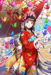 Rule 34 | 1girl, absurdres, bad id, bad pixiv id, black eyes, black hair, blunt bangs, closed mouth, flower, from side, hair flower, hair ornament, highres, holding, japanese clothes, kimono, looking at viewer, oil-paper umbrella, origami, original, paper crane, parasol, short hair, solo, standing, umbrella, y.i. (lave2217)