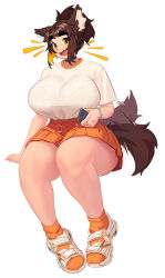 Rule 34 | 1girl, absurdres, animal ears, breasts, brown hair, cellphone, collar, dog ears, dog girl, dog tail, haru feng, highres, holding, holding phone, huge breasts, orange skirt, original, phone, shirt, shoes, skirt, sneakers, socks, tail, tail wagging, thick thighs, thighs, white background, white shirt, yellow eyes, yellow socks