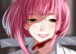 Rule 34 | 1girl, blood, blurry, blurry background, blurry foreground, collared shirt, commentary request, depth of field, g4265059, green eyes, grey shirt, grin, hairu ihei, looking at viewer, pink hair, portrait, shirt, short hair, smile, solo, teeth, tokyo ghoul, tokyo ghoul:re