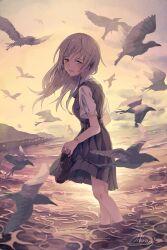 Rule 34 | 1girl, belt, bird, bracelet, cloud, cloudy sky, collared shirt, commentary request, dress, floating hair, flock, grey dress, grey eyes, grey hair, half-closed eyes, highres, holding, holding shoes, ichiromi, jewelry, loafers, looking at viewer, ocean, original, outdoors, parted lips, pleated dress, seagull, shirt, shoes, shore, signature, sky, solo, twilight, wading, water, white shirt