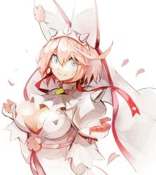 Rule 34 | 1girl, ascot, banpai akira, blue eyes, breasts, cleavage, elphelt valentine, gloves, guilty gear, guilty gear xrd, hair between eyes, huge breasts, looking at viewer, open mouth, petals, pink hair, simple background, smile, solo, upper body, white background