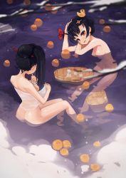 Rule 34 | 2girls, ass, black hair, blush, breasts, cleavage, eyebrows, hair ornament, hairclip, highres, large breasts, long hair, looking at another, looking at viewer, multiple girls, naked towel, open mouth, original, rubber duck, short hair, smile, soar, towel