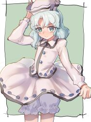 Rule 34 | 1girl, absurdres, bloomers, blue eyes, blue hair, collared shirt, gunnjou yosio, hand on own head, hat, highres, light blue hair, light smile, long sleeves, merlin prismriver, pink hat, pink shirt, shirt, skirt, skirt hold, solo, touhou, underwear, white bloomers