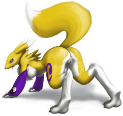 Rule 34 | all fours, ass, bent over, blue eyes, breasts, digimon, digimon (creature), fox, furry, hanging breasts, heavy breathing, looking back, nipples, presenting, pussy juice, renamon, tail, tail raised, tongue, yin yang