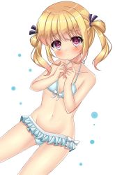 Rule 34 | 1girl, bad anatomy, bikini, blonde hair, blue bikini, frilled bikini, frilled bikini, frills, girlish number, groin, hands up, highres, looking at viewer, navel, pink eyes, short twintails, solo, sonou momoka, suiren fuyu, swimsuit, twintails