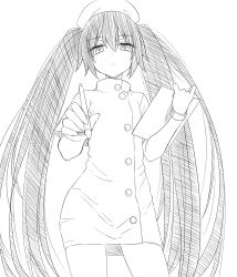 Rule 34 | 1girl, :&lt;, absurdres, closed mouth, greyscale, hair between eyes, hat, highres, holding, holding pen, long hair, monochrome, nurse, nurse cap, original, pen, short sleeves, sidelocks, simple background, solo, standing, twintails, very long hair, watarui, white background