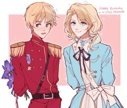 2boys @_@ arms_behind_back award_ribbon axis_powers_hetalia belt blonde_hair blue_eyes blue_robe blush border bouquet flower france_(hetalia) green_eyes high_collar highres holding holding_behind_back holding_bouquet icy_suluoluo jacket looking_at_another low_ponytail male_focus medal medium_hair military military_jacket military_uniform multiple_boys pink_background red_jacket ribbon robe sash short_hair simple_background smile thick_eyebrows united_kingdom_(hetalia) upper_body wavy_hair white_border white_sash