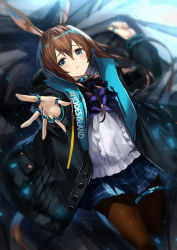 Rule 34 | 1girl, amagasa yun, amiya (arknights), animal ears, arknights, ascot, blue eyes, blue skirt, blurry, blurry background, blush, brown hair, brown pantyhose, commentary request, female focus, from above, furrowed brow, highres, jacket, jewelry, long hair, long sleeves, looking at viewer, lying, multiple rings, on back, pantyhose, rabbit ears, reaching, reaching towards viewer, ring, skirt, solo