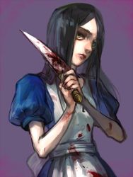 Rule 34 | 1girl, alice: madness returns, alice (alice in wonderland), american mcgee&#039;s alice, american mcgee's alice, apron, black hair, blood, breasts, closed mouth, dress, green eyes, jewelry, jupiter symbol, knife, lipstick, long hair, makeup, mossan351, necklace, simple background, solo, weapon