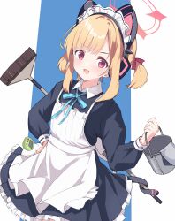 Rule 34 | 1girl, absurdres, animal ear headphones, animal ears, apron, black dress, blonde hair, blue archive, blush, bucket, cat tail, dress, fake animal ears, frilled dress, frills, halo, headphones, highres, holding, holding bucket, long sleeves, looking at viewer, maid, maid apron, maid headdress, momoi (blue archive), momoi (maid) (blue archive), mushpz, official alternate costume, open mouth, pink halo, puffy long sleeves, puffy sleeves, red eyes, short hair, smile, solo, tail, white apron