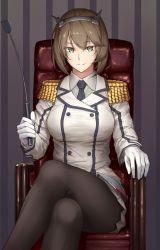 Rule 34 | 1girl, absurdres, bad id, bad nicoseiga id, black necktie, black pantyhose, breasts, brown hair, buttons, collared shirt, cosplay, crossed legs, double-breasted, enosan, epaulettes, eyebrows, gloves, green eyes, grey skirt, hairband, highres, jacket, kantai collection, katori (kancolle), katori (kancolle) (cosplay), large breasts, looking at viewer, military, military uniform, miniskirt, mutsu (kancolle), necktie, pantyhose, parted lips, riding crop, shirt, short hair, sitting, skirt, solo, throne, uniform, white gloves, white jacket, wing collar