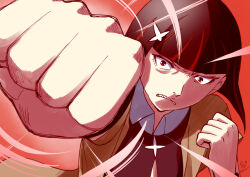 Rule 34 | 1girl, angry, artist name, black hair, black shirt, blunt bangs, blunt ends, bob cut, brown shirt, clenched hands, clenched teeth, closed mouth, commentary, constricted pupils, dated, fighting, fighting stance, floating clothes, foreshortening, frown, furrowed brow, hair ornament, hairclip, huumoon, incoming attack, inverted bob, kagenui yozuru, monogatari (series), motion lines, multicolored hair, nisemonogatari, open clothes, open shirt, overshirt, parted lips, portrait, punching, red background, red eyes, red hair, sharp teeth, shirt, short hair, signature, sketch, solo, streaked hair, teeth, two-tone hair, white shirt