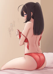 Rule 34 | 1girl, absurdres, ahoge, akizuki (kancolle), ass, back, bare shoulders, bikini, black hair, blue eyes, blush, breasts, from behind, furrowed brow, highres, indoors, kantai collection, kiritto, long hair, looking at viewer, ponytail, red bikini, sidelocks, sitting, small breasts, solo, sweat, swimsuit, translation request, undressing, upper body