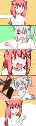 Rule 34 | &gt; &lt;, 2girls, 5koma, absurdres, american chopper, anger vein, angry, animal ears, blue eyes, cat ears, catstudioinc (punepuni), chair, comic, commentary, emphasis lines, english commentary, english text, facebook, fang, grey hair, highres, long hair, mashiro (miku plus), meme, multiple girls, original, parody, pink eyes, pink hair, ponytail, puni (miku plus), template, throwing, truth
