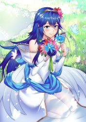 Rule 34 | 1girl, alternate costume, ameno (a meno0), bad id, bad twitter id, bare shoulders, blue bow, blue butterfly, blue eyes, blue flower, blue hair, blue ribbon, blush, bouquet, bow, bridal veil, bride, bride (fire emblem), bug, butterfly, closed mouth, dress, fire emblem, fire emblem awakening, fire emblem warriors, flower, grass, hair between eyes, hair flower, hair ornament, holding, holding bouquet, holding flower, insect, lips, long hair, lucina (fire emblem), nintendo, outdoors, pink butterfly, pink flower, purple flower, purple rose, red flower, ribbon, rose, sitting, solo, strapless, strapless dress, symbol-shaped pupils, tiara, veil, wedding dress, white dress