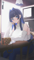Rule 34 | 1girl, absurdres, bag, bare shoulders, black hair, blue eyes, blue hair, blunt bangs, blush, breasts, closed mouth, colored inner hair, cup, denim, detached sleeves, hair intakes, handbag, head rest, highres, hololive, hololive english, indoors, jeans, large breasts, long hair, long sleeves, looking at viewer, mofu07519, multicolored hair, ouro kronii, ouro kronii (casual), pants, sideboob, sitting, sleeveless, sleeveless turtleneck, smile, solo, turtleneck, virtual youtuber