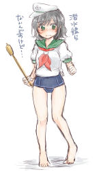 Rule 34 | 1girl, barefoot, black hair, breasts, clenched hand, green eyes, hat, monrooru, murasa minamitsu, neckerchief, one-piece swimsuit, puffy short sleeves, puffy sleeves, sailor collar, sailor hat, sailor shirt, shirt, short hair, short sleeves, small breasts, solo, swimsuit, touhou, translation request, white background