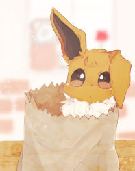 Rule 34 | animal focus, bad id, bad pixiv id, bag, banchiku, blurry, blurry background, blush, brown eyes, closed mouth, creatures (company), eevee, fluffy, game freak, gen 1 pokemon, highres, in bag, in container, indoors, light blush, nintendo, no humans, paper bag, pokemon, pokemon (creature), shopping bag, solo, upper body
