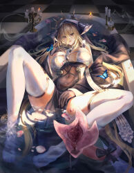 Rule 34 | 1girl, absurdres, azur lane, bathtub, between breasts, birds-mix, black gloves, blonde hair, breast cutout, breasts, bug, butterfly, candle, candlestand, check commentary, checkered floor, cleavage, commentary request, demon girl, fake horns, gloves, habit, half gloves, highres, horns, implacable (azur lane), insect, knee up, large breasts, licking lips, long bangs, long hair, long hair between eyes, lying, monster girl, navel, no shoes, nun, partially submerged, pelvic curtain, pussy tentacle, red eyes, revealing clothes, solo, spread legs, tail, tail pussy, tentacle tail, tentacles, thighhighs, tongue, tongue out, two-tone dress, veil, white horns, white thighhighs