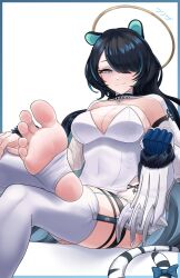 Rule 34 | 1girl, animal ears, black garter straps, black hair, blue eyes, blue hair, breasts, cleavage, dress, efreezerarts, erina makina, feet, foot focus, foot out of frame, garter straps, hair over one eye, highres, large breasts, legs, long hair, looking at viewer, mechanical arms, multicolored hair, no shoes, phase connect, see-through, see-through cleavage, single garter strap, single mechanical arm, smile, soles, solo, streaked hair, tail, tiger ears, tiger tail, toes, virtual youtuber
