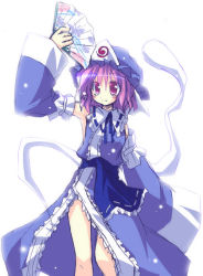 Rule 34 | 1girl, adapted costume, arm above head, armpits, blue dress, blush, bow, bowtie, capelet, detached sleeves, dress, female focus, folding fan, frills, hand fan, hat, hitodama, japanese clothes, kimono, legs, looking at viewer, obi, pink eyes, pink hair, saigyouji yuyuko, sash, satou kibi, side slit, simple background, sleeves past wrists, smile, solo, touhou, triangular headpiece, white background, wide sleeves