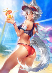 Rule 34 | 1girl, alternate costume, animal ears, armband, ass, beach, beach volleyball, bendy straw, blush, bracelet, breasts, contemporary, cowboy shot, cup, day, drinking glass, drinking straw, flower, hair between eyes, hibiscus, highres, inubashiri momiji, jewelry, looking at viewer, matsuda (matsukichi), medium breasts, outdoors, red eyes, short hair, silver hair, smile, solo, sportswear, standing, sweat, tail, touhou, towel, visor cap, volleyball net, volleyball uniform, wet, wolf ears, wolf tail