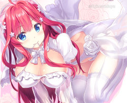Rule 34 | 1girl, ahoge, all fours, blue eyes, blush, breasts, bridal veil, cleavage, closed mouth, commentary request, dress, fujima takuya, go-toubun no hanayome, hair ornament, large breasts, long hair, looking at viewer, mouth hold, nakano itsuki, red hair, solo, star (symbol), star hair ornament, thighhighs, twitter username, veil, wedding dress, white thighhighs