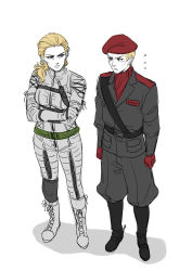 Rule 34 | 1boy, 1girl, beret, blonde hair, bodysuit, boots, crossed arms, gloves, hat, metal gear (series), metal gear solid 3: snake eater, military, military uniform, mother and son, noriuma, red gloves, revolver ocelot, sneaking suit, the boss, uniform