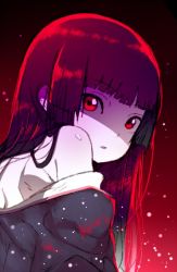 Rule 34 | 1girl, black hair, black kimono, blunt bangs, collagen, enma ai, hime cut, japanese clothes, jigoku shoujo, kimono, long hair, looking at viewer, open mouth, red eyes, simple background, solo