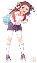 Rule 34 | 1girl, backpack, bag, black shorts, blue footwear, blush, brown eyes, brown hair, collared shirt, commentary request, full body, hair ribbon, kneehighs, leaning forward, looking at viewer, open mouth, original, pairan, pink ribbon, pulling, randoseru, red bag, ribbon, round teeth, shirt, shoes, short sleeves, short twintails, shorts, simple background, sneakers, socks, solo, standing, teeth, twintails, white background, white socks, white shirt, wing collar