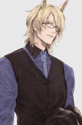 Rule 34 | 1boy, animal ears, arknights, black vest, blonde hair, blue necktie, blue shirt, chimi (s8s8 bb), collared shirt, extra ears, glasses, grey background, highres, holding, holding clothes, horse boy, horse ears, long sleeves, male focus, mlynar (arknights), necktie, parted lips, shirt, simple background, solo, swept bangs, teeth, upper body, upper teeth only, vest, yellow eyes