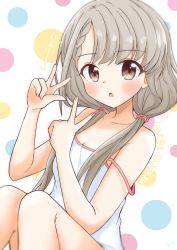 Rule 34 | 1girl, :o, bare shoulders, blush, braid, breasts, brown eyes, camisole, character name, cleavage, collarbone, commentary, double v, hair tie, hisakawa nagi, idolmaster, idolmaster cinderella girls, knees up, long hair, looking at viewer, low twintails, nail polish, open mouth, pink nails, polka dot, polka dot background, romaji text, side braid, silver hair, small breasts, solo, strap slip, suzu suzuki (suzukisuzu), translated, twintails, upper body, v, white background, white camisole