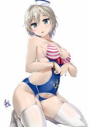 Rule 34 | 10s, 1girl, :o, alternate costume, anastasia (idolmaster), anchor symbol, blue eyes, blush, bow, bracelet, breasts, cleavage, earrings, eyebrows, eyelashes, garter straps, hair between eyes, hat, idolmaster, idolmaster cinderella girls, jewelry, kneeling, looking at viewer, nail polish, no shoes, one-piece swimsuit, open mouth, short hair, sideboob, silver hair, solo, striped, swimsuit, thighhighs, uo denim, white background, white hat, white thighhighs